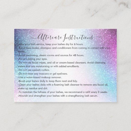 Paarse Blue Nebula Galaxy Glitter Lashes Nazorg Visitekaartje (Achterkant)