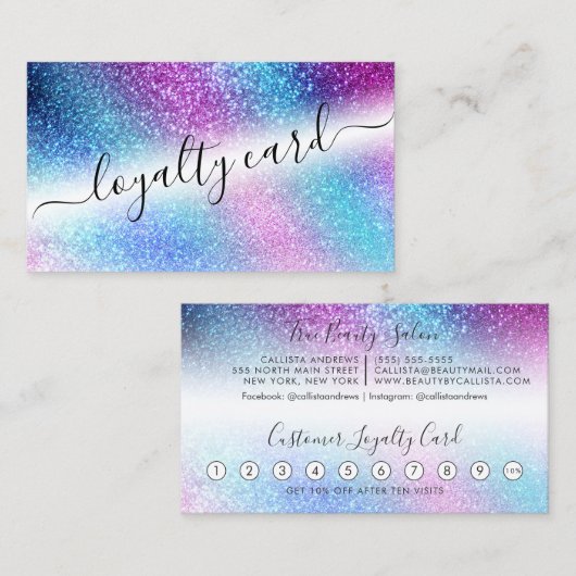 Paarse Blue Nebula Galaxy Glitter Script Loyalitei Klantenkaartje (Voorkant / Achterkant)