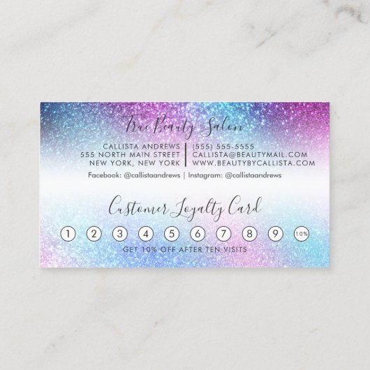 Paarse Blue Nebula Galaxy Glitter Script Loyalitei Klantenkaartje (Achterkant)