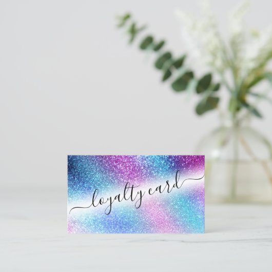 Paarse Blue Nebula Galaxy Glitter Script Loyalitei Klantenkaartje (Staand voorkant)