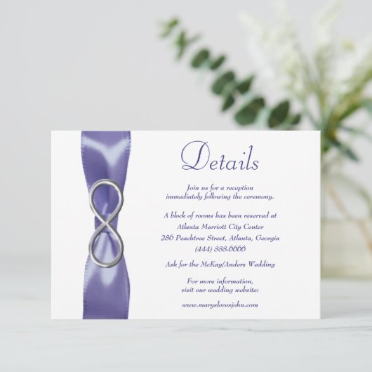 Paarse Blue Silver Infinity Wedding Details Kaart (Staand voorkant)