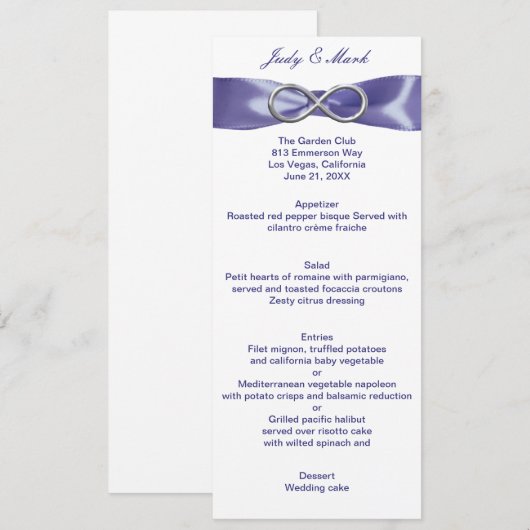 Paarse Blue Silver Infinity Wedding Menu Kaart (Voorkant / Achterkant)
