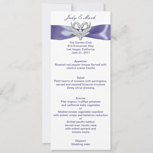 Paarse Blue Silver Swans Wedding Menu Kaart (Voorkant)