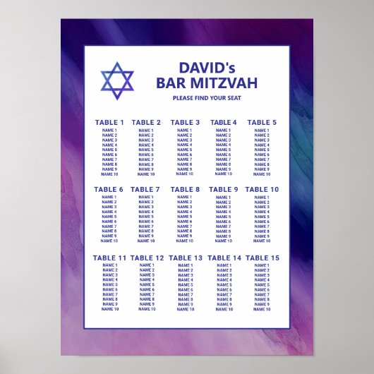 Paarse Blue Star David Bar Mitswa Zitplaatskaart Poster (Voorkant)
