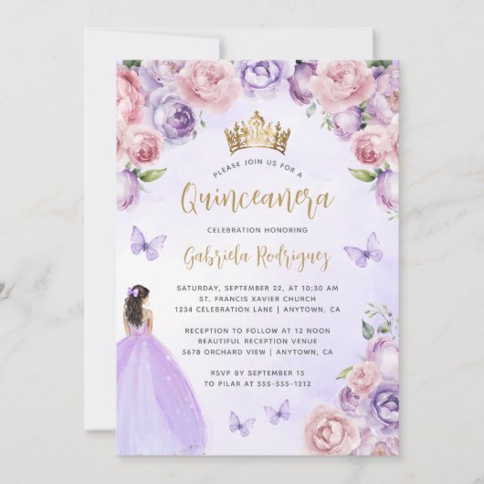Paarse Blush Bloemen Goud QR Code Quinceañera Kaart (Voorkant)