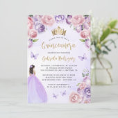 Paarse Blush Bloemen Goud QR Code Quinceañera Kaart (Staand voorkant)