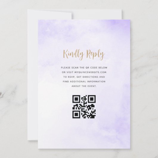 Paarse Blush Bloemen Goud QR Code Quinceañera Kaart (Achterkant)