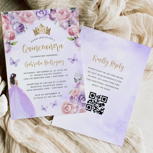 Paarse Blush Bloemen Goud QR Code Quinceañera Kaart