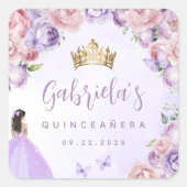 Paarse Blush Bloemen Quinceañera Party Vierkante Sticker (Voorkant)