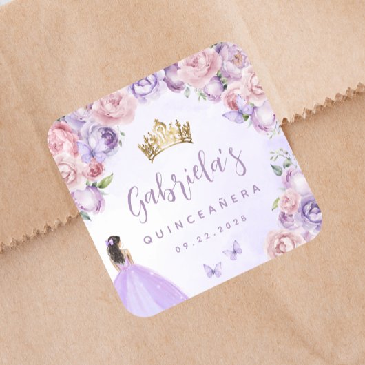Paarse Blush Bloemen Quinceañera Party Vierkante Sticker