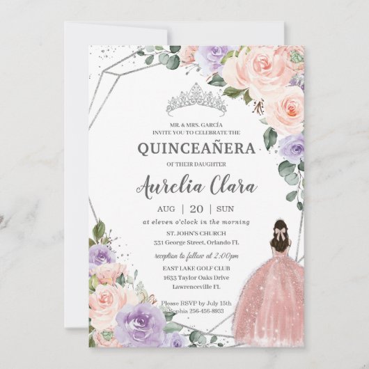 Paarse Blush Bloemen Roos Jurk Silver Quinceañera Kaart (Voorkant)