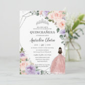 Paarse Blush Bloemen Roos Jurk Silver Quinceañera Kaart (Staand voorkant)