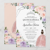 Paarse Blush Bloemen Roos Jurk Silver Quinceañera Kaart (Voorkant / Achterkant)