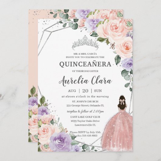 Paarse Blush Bloemen Roos Jurk Silver Quinceañera Kaart (Voorkant / Achterkant)