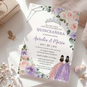 Paarse Blush Bloemen Roos Twins Zilveren Quinceañe Kaart