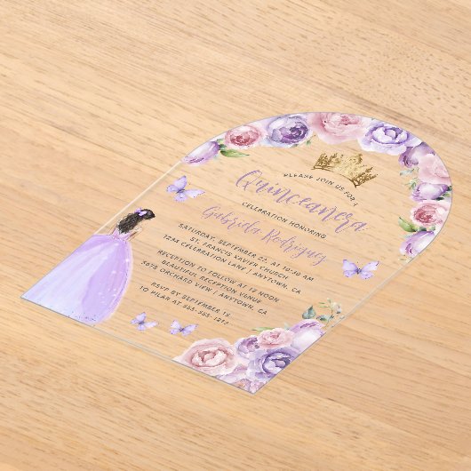 Paarse Blush Bloemen Rozen Waterverf Quinceañera Acryl Uitnodigingen (Laagn)