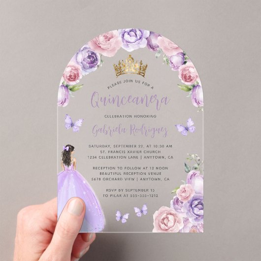 Paarse Blush Bloemen Rozen Waterverf Quinceañera Acryl Uitnodigingen (Insitu (Draagbaar))