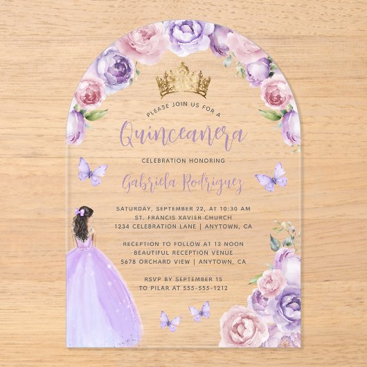 Paarse Blush Bloemen Rozen Waterverf Quinceañera Acryl Uitnodigingen (Voorkant)