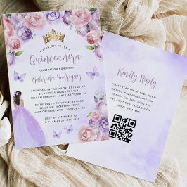 Paarse Blush Bloemen Waterverf QR Code Quinceañera Kaart