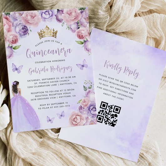 Paarse Blush Bloemen Waterverf QR Code Quinceañera Kaart