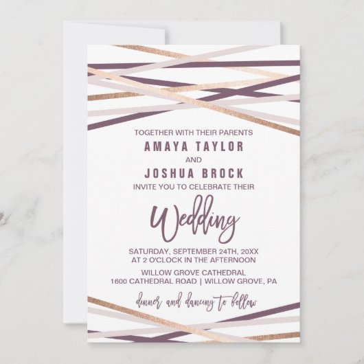 Paarse Blush en Roos Gold Streamers bruiloft Kaart (Voorkant)