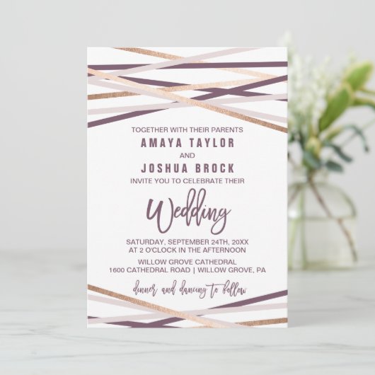 Paarse Blush en Roos Gold Streamers bruiloft Kaart (Staand voorkant)