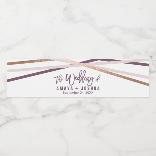 Paarse Blush en Roos Gold Streamers bruiloft Waterfles Etiket (Enkel label)