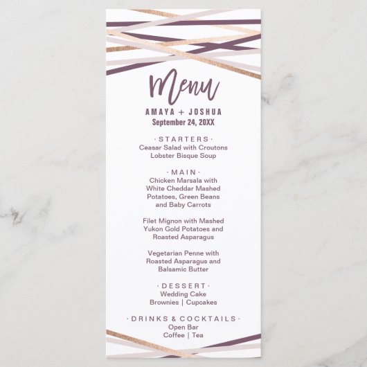 Paarse Blush en Roos Gold Streamers Menu Kaart (Voorkant)