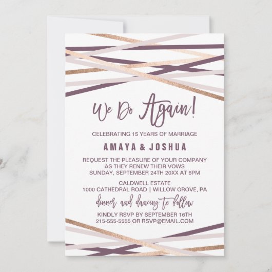 Paarse Blush en Roos Gold Streamers Vow Renewal Kaart (Voorkant)