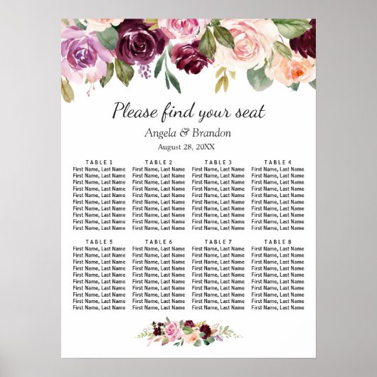 Paarse Blush Floral 8 Tables Wedding Seding Chart Poster (Voorkant)
