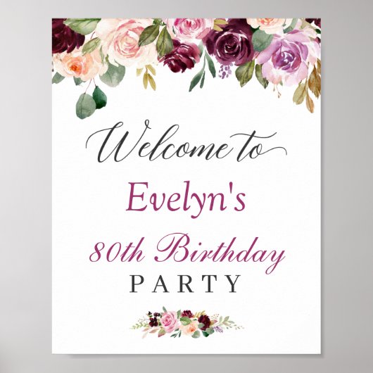 Paarse Blush Floral Birthday Party Welkomstteken Poster (Voorkant)