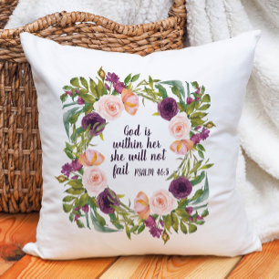 Paarse blush Floral God is binnen haar Christelijk Kussen