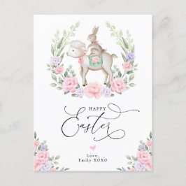 Paarse Blush Floral Lamb Bunny Rabbit Happy Pasen Briefkaart