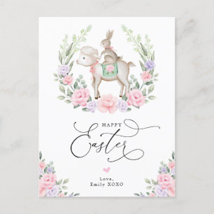 Paarse Blush Floral Lamb Bunny Rabbit Happy Pasen Briefkaart