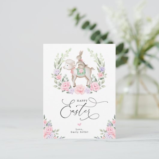 Paarse Blush Floral Lamb Bunny Rabbit Happy Pasen Briefkaart (Staand voorkant)