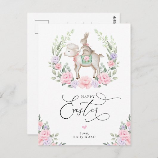 Paarse Blush Floral Lamb Bunny Rabbit Happy Pasen Briefkaart (Voorkant / Achterkant)