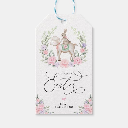 Paarse Blush Floral Lamb Bunny Rabbit Happy Pasen Cadeaulabel (Voorkant)