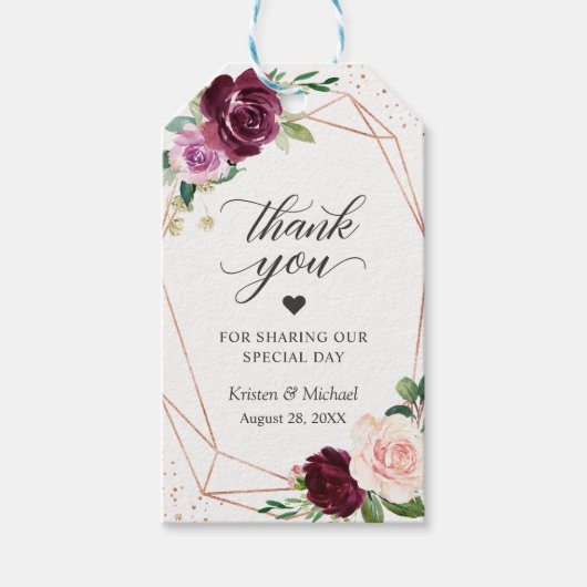 Paarse Blush Floral Roos Gold Wedding Dank u Cadeaulabel (Voorkant)