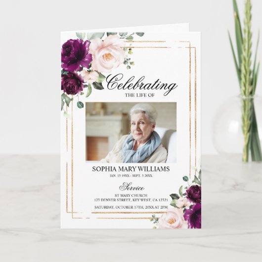 Paarse & Blush Foto Memorial Begrafenisprogramma's Kaart (Voorkant)
