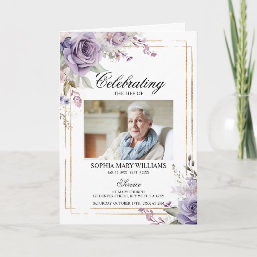 Paarse & Blush Foto Memorial Begrafenisprogramma's Kaart (Voorkant)