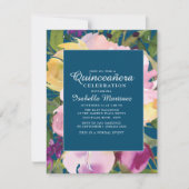 Paarse blush Gele Floral Navy Blue Quinceañera Kaart (Voorkant)