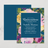 Paarse blush Gele Floral Navy Blue Quinceañera Kaart (Voorkant / Achterkant)