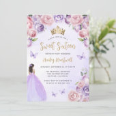 Paarse Blush Gouden Bloemen Waterverf Sweet 16 Par Kaart (Staand voorkant)
