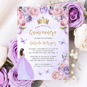 Paarse Blush Gouden Bloemige Waterverf Quinceañera Kaart