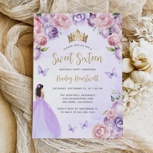 Paarse Blush Gouden Bloemrijke Waterverf Sweet 16  Kaart