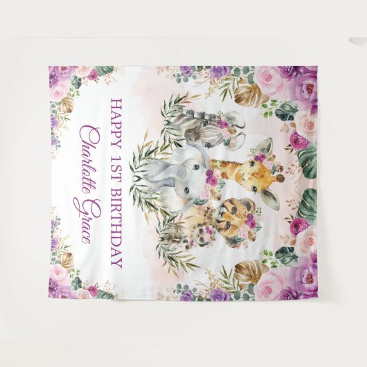Paarse Blush Oerwoud Safari Animals Happy Birthday Wandkleed (Voorkant (horizontaal))