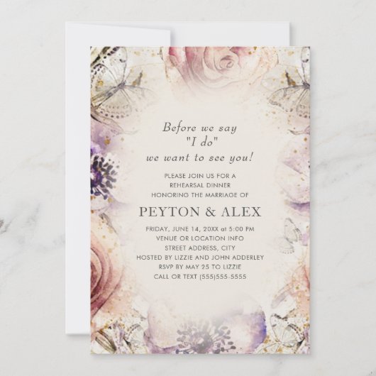 Paarse Blush Pink Floral Butterflies Cream Kaart (Voorkant)