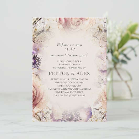 Paarse Blush Pink Floral Butterflies Cream Kaart (Staand voorkant)