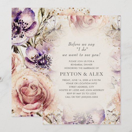 Paarse Blush Pink Floral Butterflies Cream Kaart (Voorkant / Achterkant)