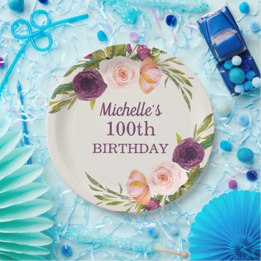 Paarse Blush Pink Floral Cream 100th Birthday Papieren Bordje (Feest)